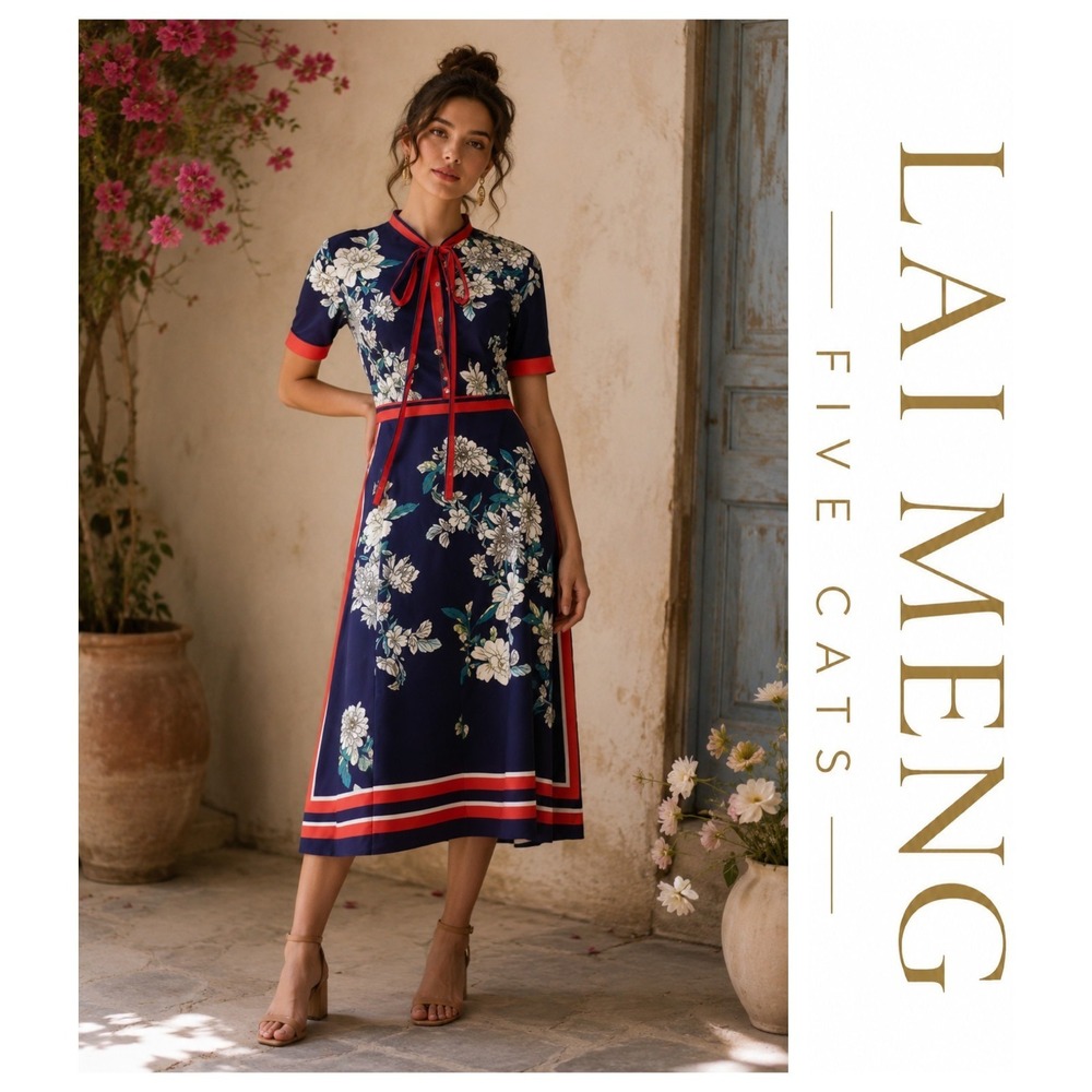Lai Meng Five Cats Floral Navy Red Tie Bow A-Line Border Midi Dress L